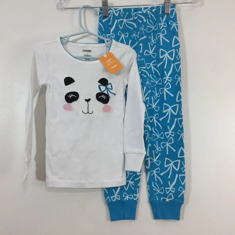 Y2K Gymboree Girls Pajamas Size 4 Panda Bear Bow Gymmies PJs 2PC